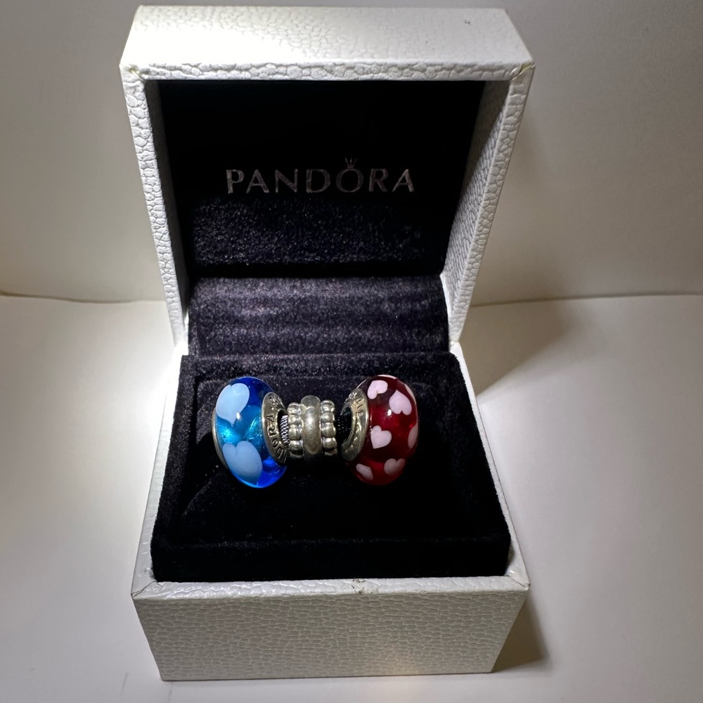 NEW Pandora 3 beads charms 2 Hearts Blue & Red with Silver Spacer